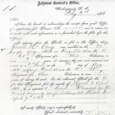 James McCleery Military Records Copy requested in 1866