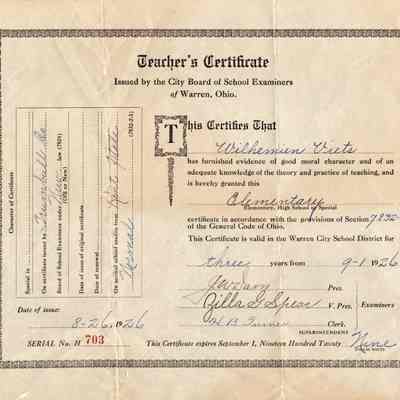 Wilhemien Viets Warren Teacher's Certificate 1926