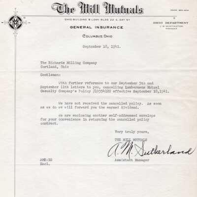 Letter referencing cancellation of insurance for Richards Milling Co.