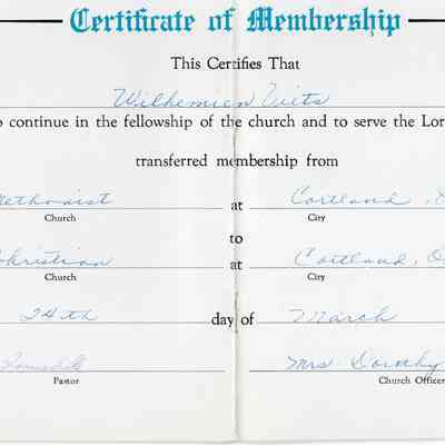 Church Certificate, transfer of membership for Wilhemien Viets