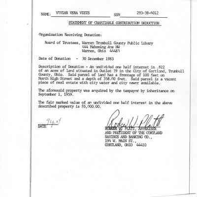Vera Viets grant of property to the Warren Trumbull County Library