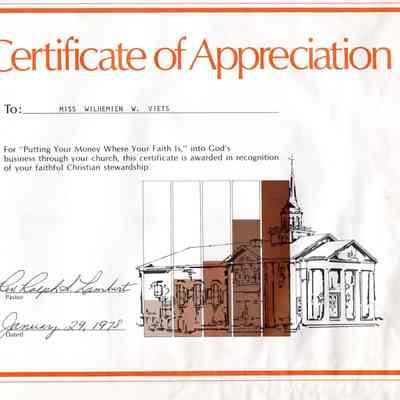 Certification of appreciation for Christian Stewardship for Wilhemien Viets