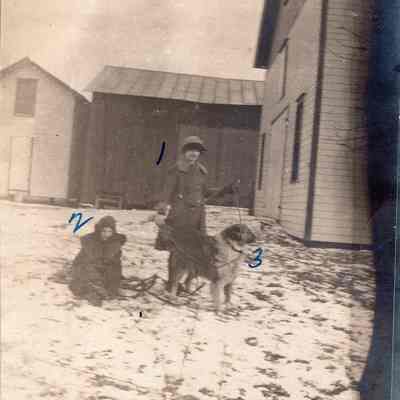 Outside Winter Image of Wilhamien Viets. Virginia Ryder, and dog