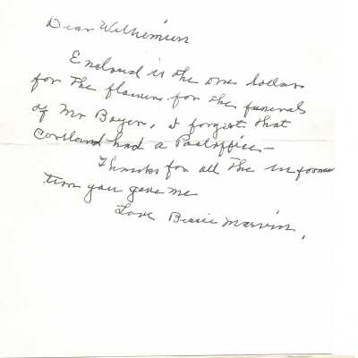 Note From Bessie Marvin to Wilhemien Viets