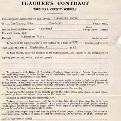 Wilhemien Viets Warren Teacher's Contract 1925