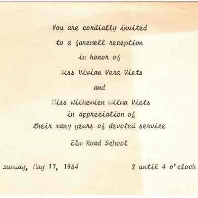 Invitation for farewell Reception for the Viets sisters