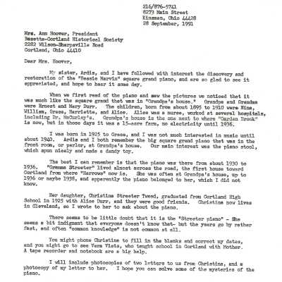 Letter from Daryl Maseck to Ann Hoover about the Bessie Marvin Piano
