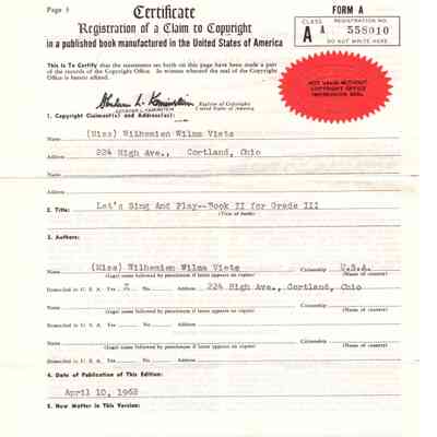 Copyright Claim Registration Certificate for "Let's Sing and Play - Book II for Grade III" by Wilhemien Viets