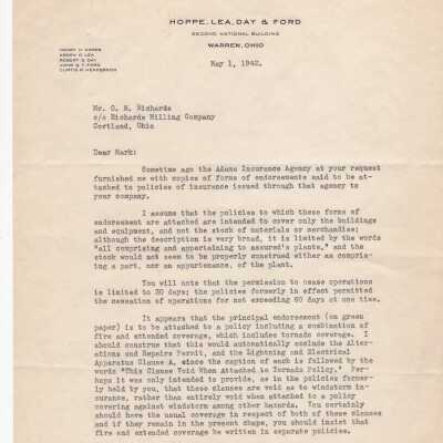 Letter from Hoppe, Lea, Day & Ford to O. M. Richards about insurance policies