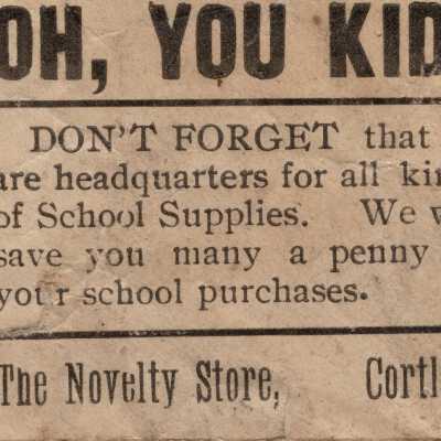 The Novelty Store card advertising school supplies