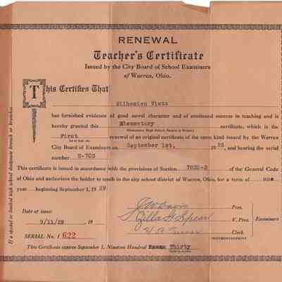 Wilhemien Viets Warren Teacher's Certificate renewal 1929