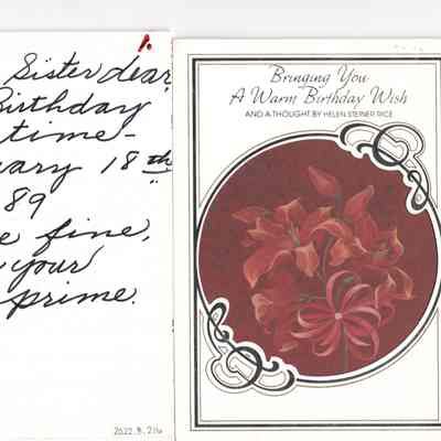 Birthday card with note, 1989