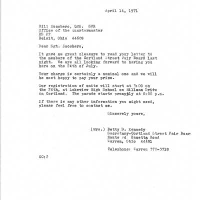 Letter from the Street Fair Board accepting 19th Regiment offer to participate