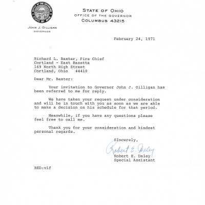 Response to the Fire Chief's request to Governor Gilligan to be Grand Marshal