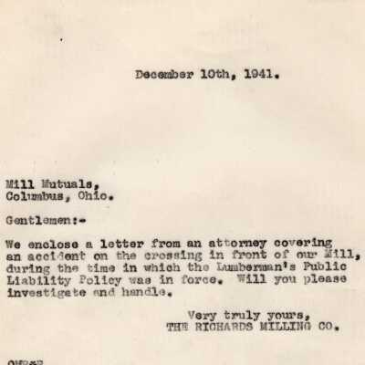 Letter to Mill Mutuals concerning an accident at the crossing in front of the Richards Milling Co.