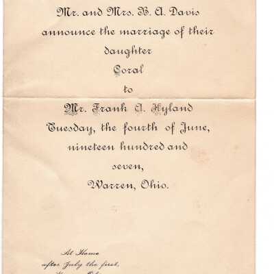 Wedding invitation for Coral Davis and Frank D. Hyland