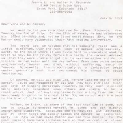 Letter to the Viets Sisters about the passing of O. Mark Richards
