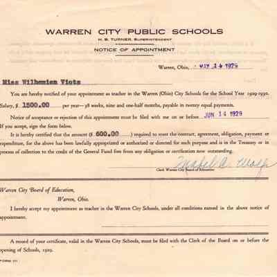 Wilhemien Viets Warren Notice of Appointment 1929
