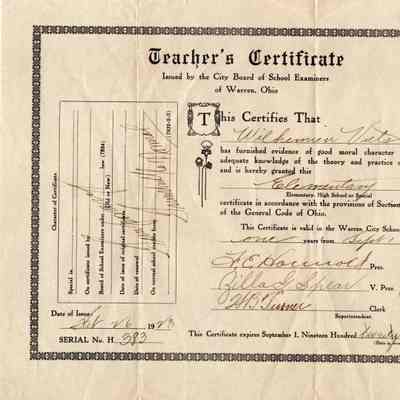Wilhemien Viets Warren Teacher's Certificate 1923