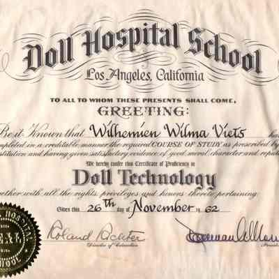 Certificate from Doll Hospital School for Wilhemien Viets