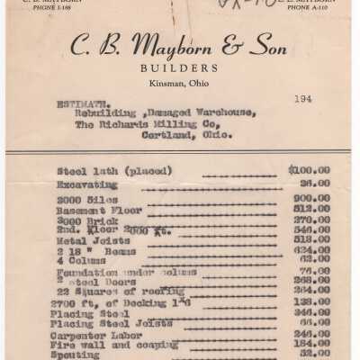 Estimate from C. B. Mayborn & Son for rebuilding the warehouse at Richards Milling Co.