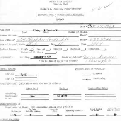 Personal Data for Wilhemien Viets at Warren Schools in 1963-64