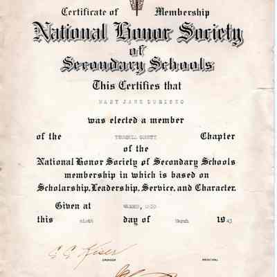 Mary Jane Durisko NHS Certificate of Membership