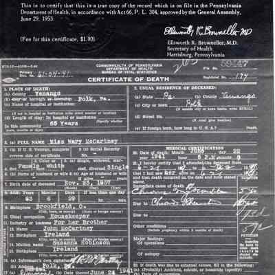 Death Certificate for Miss Mary McCartney, 1941