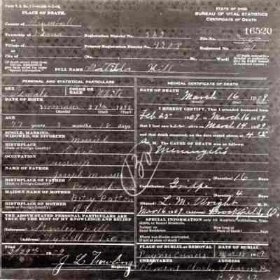 Death Certificate for Matilda Hill, 1909