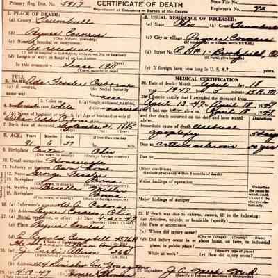 Death Certificate for Ada Fessler Osborne, 1947