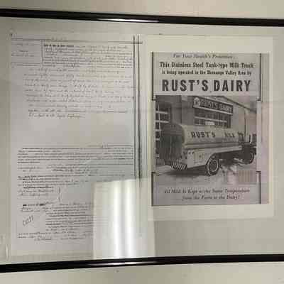 Framed documents from Rust's Dairy