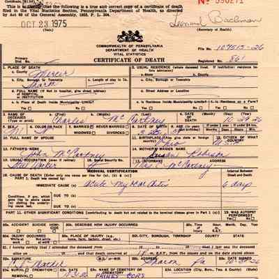 Death Certificate for Charles McCartney, 1926