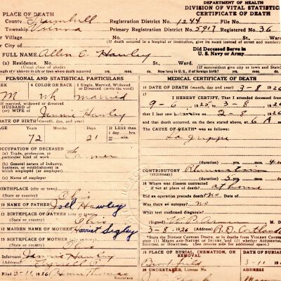 Death Certificate, Hawley, Allen E.