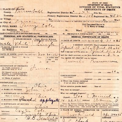 Death Certificate, Cole, Perry, 1925