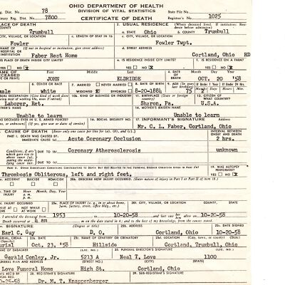 Death Certificate, Eldridge, John, 1958
