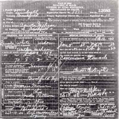 Death Certificate for Agusta Jackson, 1930
