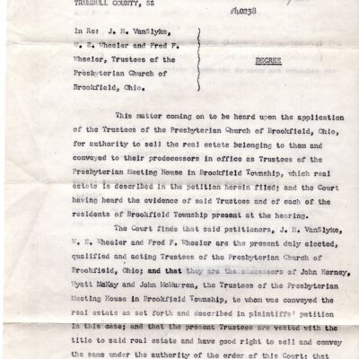 Decree Permitting Sale of Brookfield Presbyterian Church Land 1936