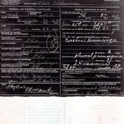 Death Certificate, Alderman, Iddo, 1911