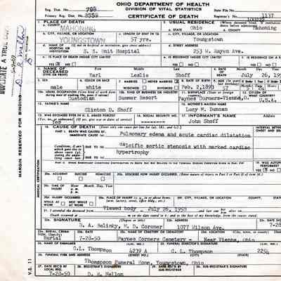 Death Certificate for Earl Leslie Shoff, 1950