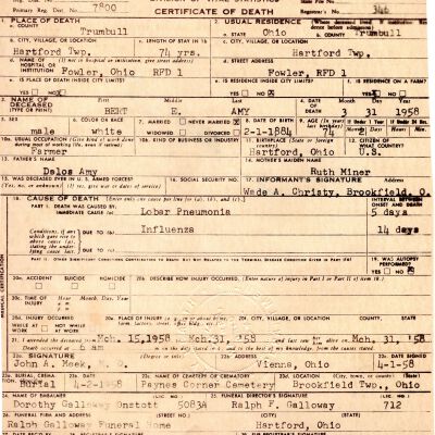 Death Certificate, Amy, Bert, 1958