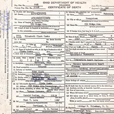 Death Certificate, Combs, Elizabeth Clark, 1948