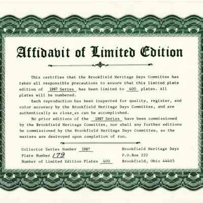Affidavit of Limited Edition Plate 1987