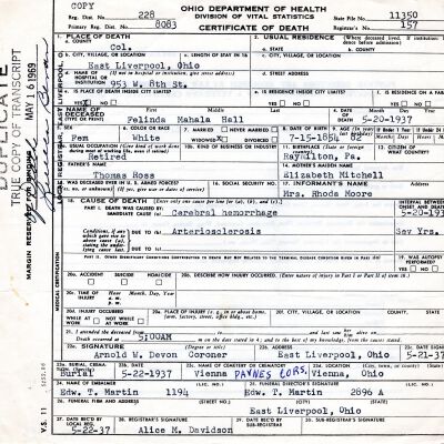 Death Certificate, Hall, Felinda Mahala, 1937