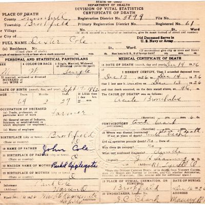 Death Certificate, Cole, Dexter, 1926