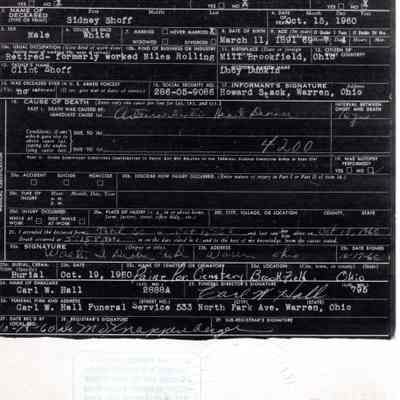 Death Certificate for Sidney Shoff, 1960
