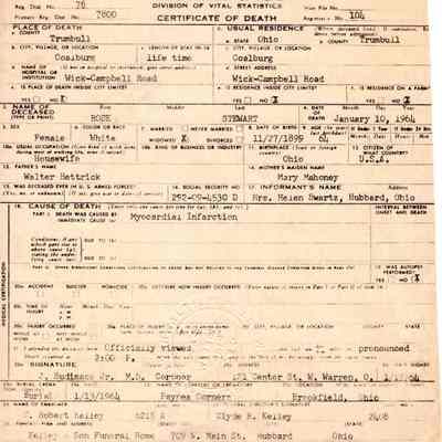 Death Certificate for Rose Stewart, 1964