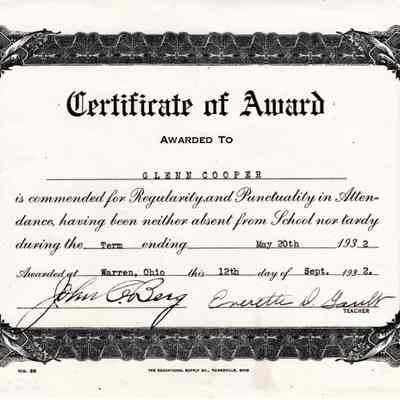 Glenn Cooper Perfect Attendance Certificate
