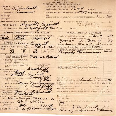 Death Certificate, Burnett, Smith, 1931