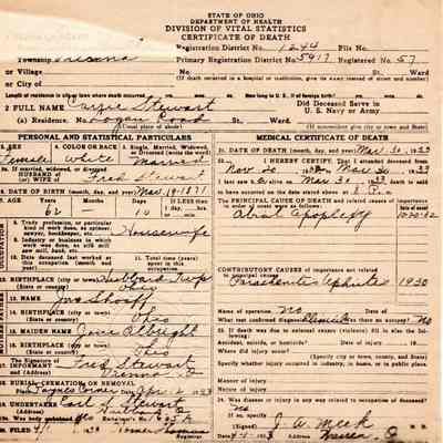 Death Certificate for Carrie Stewart, 1933