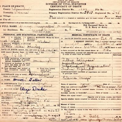 Death Certificate, Hawley, Jennie Augustus, 1941